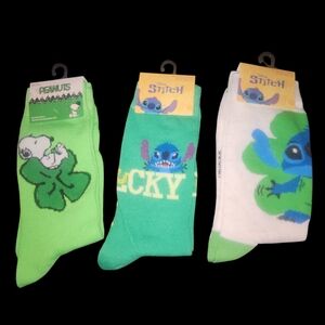 2 Disney Stitch Socks And 1 Snoopy Peanuts Socks For St. Patrick's Day Size 6-12